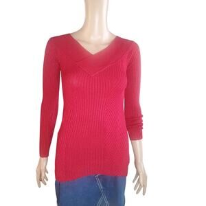 Red Metallic Size XS Ribbed Knit Sweater Holiday Y2K Festive Shimmer FITTED